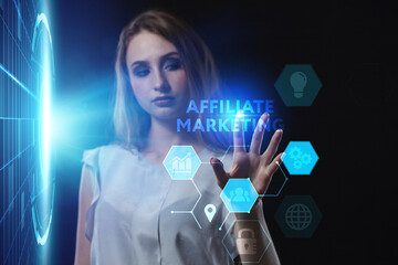 Business, Technology, Internet and network concept. Young businessman working on a virtual screen of the future and sees the inscription: Affiliate marketing