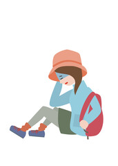 具合が悪くしゃがんで休むアウトドアスタイルの若い女性