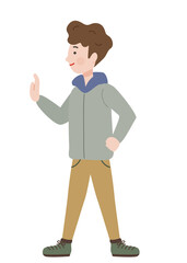 横に手を当てるカジュアルな横向きの若い男性