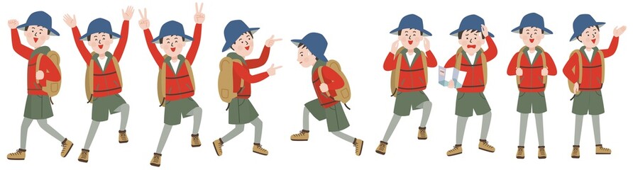 アウトドアスタイルの若い男性のポーズと表情バリエーション