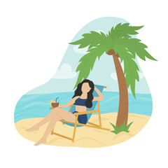 Obraz na płótnie Canvas A girl sunbathes on a deck chair on the seashore near her palm tree grows. Theme of summer holidays and vacations. Flat vector illustration.