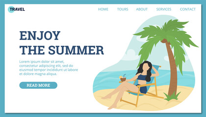 Flat design web page  of summer vacation, travel destination, nature, tourism. A girl sunbathes on a deck chair on the seashore.
Modern vector illustration concepts for websit development.