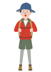 笑顔でリュックの紐を持つアウトドアスタイルの若い男性