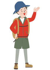 案内ポーズをするアウトドアスタイルの若い男性