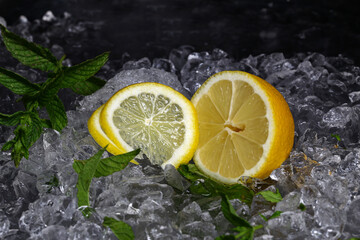 Fototapeta na wymiar The lemon cut into slices lies in the ice