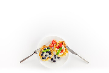Traditional belgian waffles on white table background top view mockup