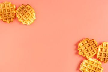 Traditional belgian waffles on pink background top view mockup