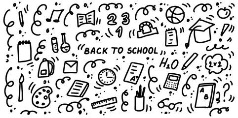 Back to school - doodles icon set. Hand drawn lines supplies, cartoon icons collection. School, students, education concept. Vector illustration.