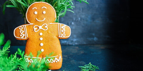 gingerbread gifts and Christmas holiday, sweet cookie dessert happy New Year. festive food background. top view copy space homemade eating healthy