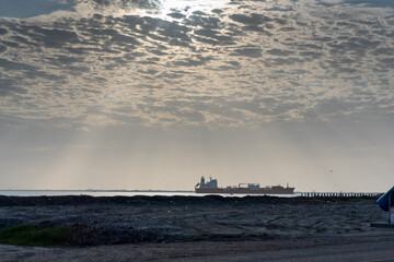A cargo ship sailing through a Texas shipping channel. 