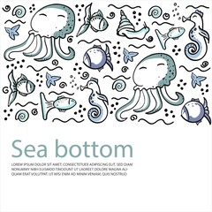 Underwater world illustration. Sea life. Invitation card, banner in marine design. Vector under the sea, seahorse, octopus, fish, jellyfish