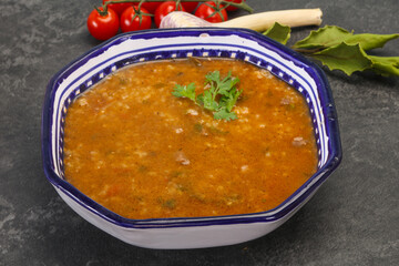 Caucasian Kharcho soup with beef meat