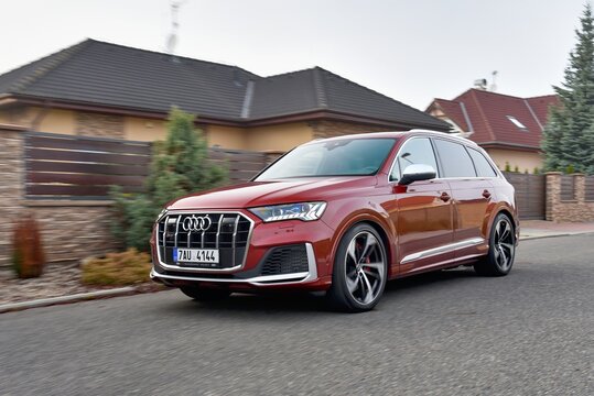 Audi S Q7. Luxury car in a residential area. Car while driving. 10-22-2019, Prague, Czech Republic.