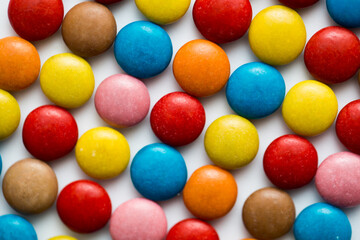 Close up of a pile of colorful chocolate coated candy, chocolate pattern, chocolate background