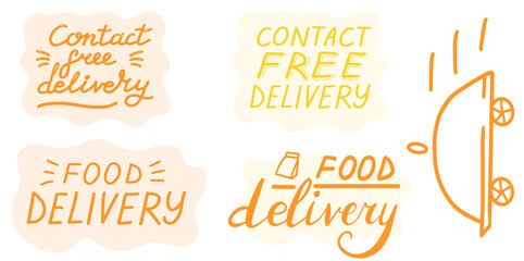 Contact free delivery. Big collection. Safe delivery lettering set. Vector eps brush trendy orange stickers with text, quote isolated on white background for banners, templates, postcards.