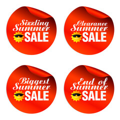 Red summer sale stickers sizzling, clearance, biggest, end of with funny sun icon. Vector illustration