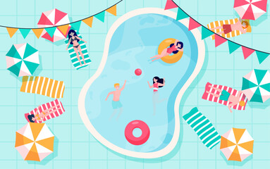 Happy people relaxing at swimming pool. Young men and women in swimwear taking sun, floating on rubber rings, playing ball in water. Can be used for pool party, summer activity concepts