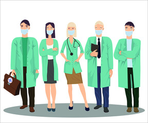 Medical staff posing together in protective masks and suits. Can be used for medical materials, banners and journals.