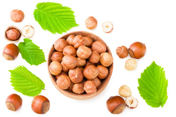 hazelnuts with green leaf isolated on white background. top view