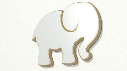 baby elephant on the wall. 3D illustration of metallic sculpture over a white background with mild texture. cute and child
