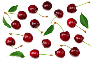Obraz na płótnie Canvas cherry with green leaf isolated on white background. Top view