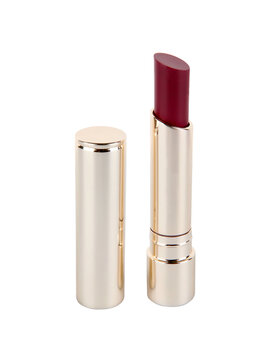 Open red lipstick golden tube