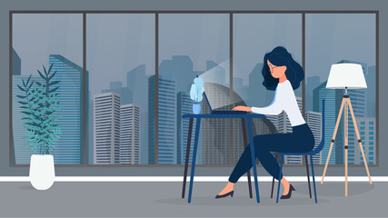 The girl works in the office for a laptop. The woman in the room sits at the table and works on the computer. Vector.
