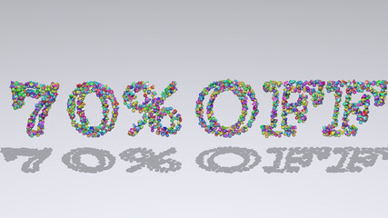 Colorful 3D writting of % off text with small objects over a white background and matching shadow