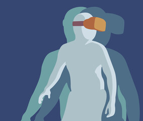 Illustration of a man wearing a virtual reality VR glasses and looking around.