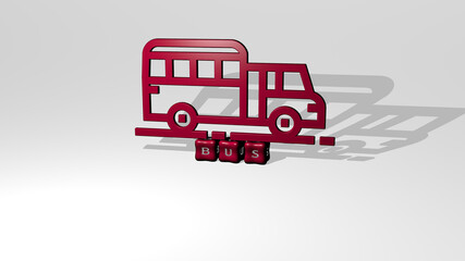 3D illustration of bus graphics and text made by metallic dice letters for the related meanings of the concept and presentations. city and car