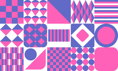 Obraz premium Geometric minimalist tile pattern, set of pink and purple squares and circles on white background. Vector wallpaper design illustration. 