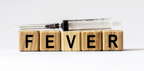 Text FEVER made from wooden cubes. White background