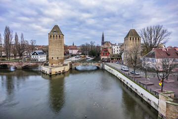 Strasbourg Ponts Couverts (or covered bridges) over Ill River. Ponts Couverts set of three bridges and four towers that make up a defensive work erected in XIII century. Strasbourg, Alsace, France.