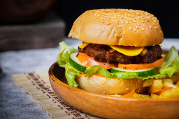 hamburger on a wooden table