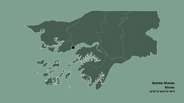 Cacheu, region of Guinea-Bissau, with its capital, localized, outlined and zoomed with informative overlays on a administrative map in the Stereographic projection. Animation 3D