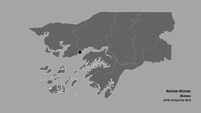 Cacheu, region of Guinea-Bissau, with its capital, localized, outlined and zoomed with informative overlays on a bilevel map in the Stereographic projection. Animation 3D