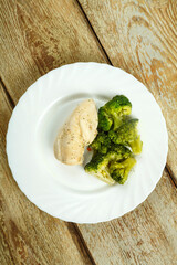 Boiled broccoli and chicken breast on a plate.