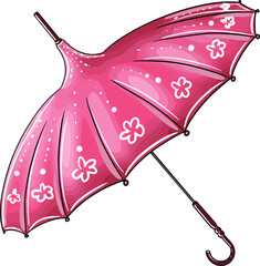 Beach sun umbrella in white flower, pink color. Women's and children's beach accessories. Vector image. Hand drawing