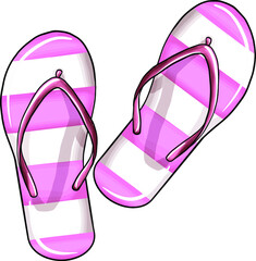 Beach flip-flops, pink with stripes. Women's, children's. Vector image. Hand drawing