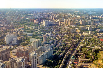 Fototapeta na wymiar Aerial view of Pechersk, the central district of Kyiv - the largest city and capital of Ukraine. Space for text, aerial photography. Kyiv (Kiev), Ukraine, Europe.