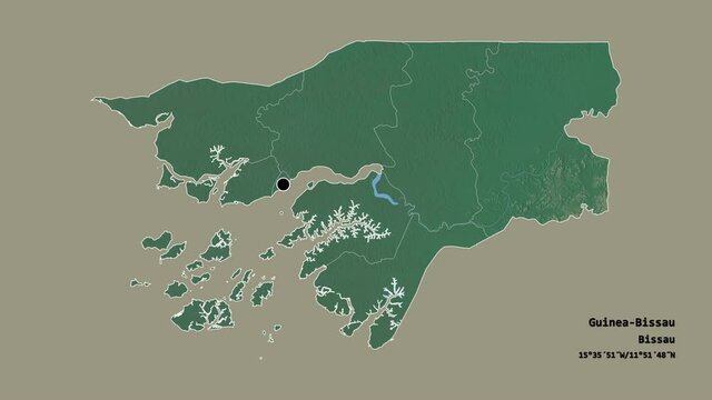 Cacheu, region of Guinea-Bissau, with its capital, localized, outlined and zoomed with informative overlays on a relief map in the Stereographic projection. Animation 3D