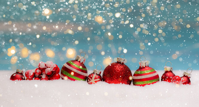 red christmas background with balls and snowflakes