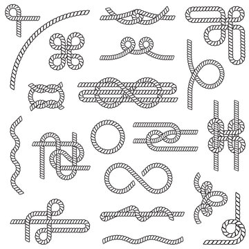 Rope knots set. Various nautical sailor knots, loops, lasso, ring. String borders in vintage style for sea, sailing or marine concepts