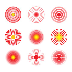 Pain spots set. Inflammation focus, red pain circle, target, sore marker. Can be used for painful tooth, throat, joint, neck illustration, medical therapy concept