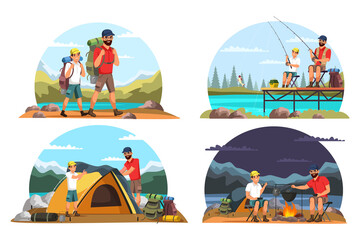 Set of vector characters dad and son camping trip - obrazy, fototapety, plakaty