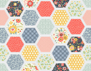 Seamless pattern with decorative flowers and elements, patchwork tiles. Can be used on packaging paper, fabric, background for different images, etc. - obrazy, fototapety, plakaty