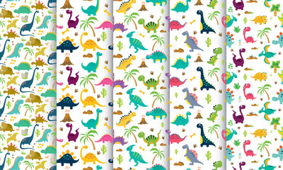 Set of cute dinosaur seamless patterns - 365331977