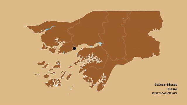 Quinara, region of Guinea-Bissau, with its capital, localized, outlined and zoomed with informative overlays on a solid patterned map in the Stereographic projection. Animation 3D