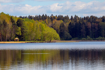 Forest landscape of the lake. The arbor is located on the shore. Spring forest, lake, coast, panorama. Reflection of nature in the water.