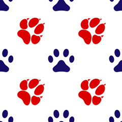 Fototapeta na wymiar Blue and red footprint of an animal dog and cat icon isolated seamless pattern on white background. Vector